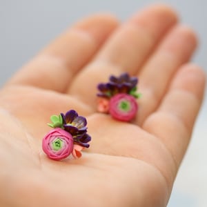 Stud Earrings Pink Ranunculus Violet Anemone Bridesmaids Gift Birthday Anniversary Tiny Earrings Wedding Gift Bridal Shower Mother's Day