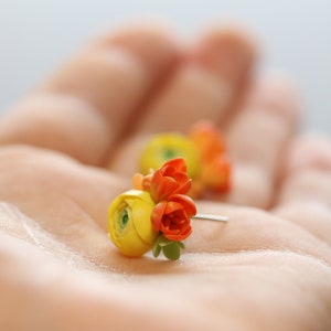 Stud Earrings Yellow Ranunculus Orange Freesia Bridesmaids Gift Birthday Anniversary Tiny Earrings Wedding Gift Bridal Shower Mother's Day