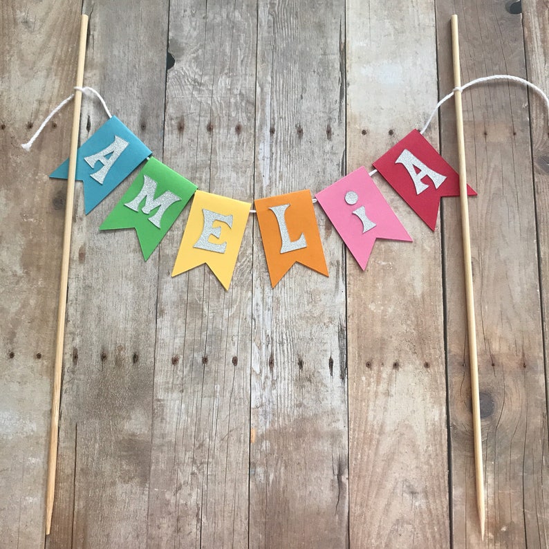 Rainbow Birthday Party or Baby Shower Cake Bunting with Optional Glitter Lettering