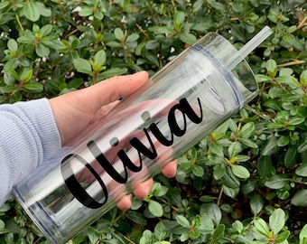 Personalisierte Acrylbecher: 16 Unzen klare dünne Wasserflasche mit Deckel und Strohhalm