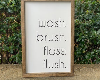 Wasborstel Floss Flush Badkamerbord - Badkamer Decor - Kinderbadkamer Ingelijst houten bord