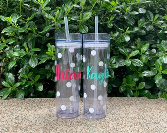 Polka Dot Personalized Water Tumbler with Straw and Lid - Water Bottle with Name - Custom Water Bottle