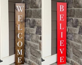 Omkeerbare veranda Leaner - Welcome & Believe Tall Wood Sign - Kerstveranda Decor - Kerstbord