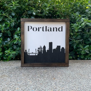 Portland City Skyline Farmhouse Style Wood Sign - Portland City Outline - Portland Downtown Bridges Silhouette