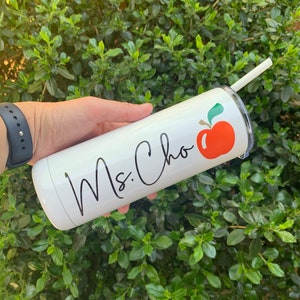 Personalized Teacher Name with Apple White Stainless Steel Skinny Water Tumbler with Lid & Straw Double Walled Stainless Steel Water Bottle
