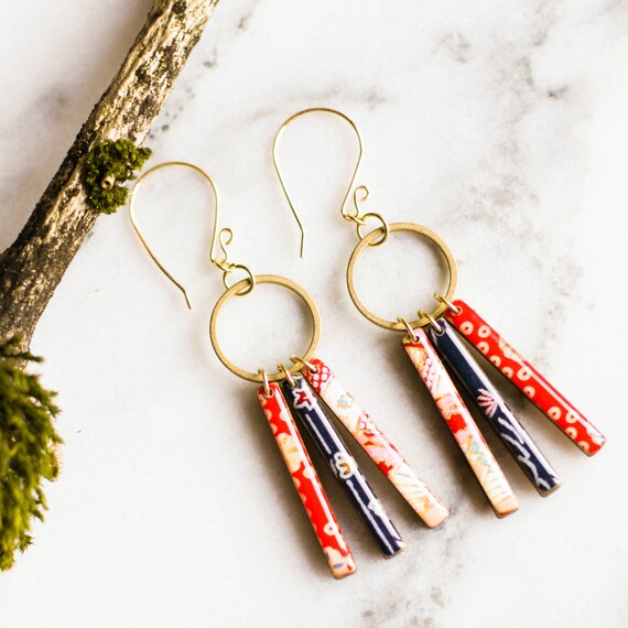 Chiyogami Earrings Yuzen Earrings Washi Earrings Small Pink and Black Earrings Japanese Paper Earrings