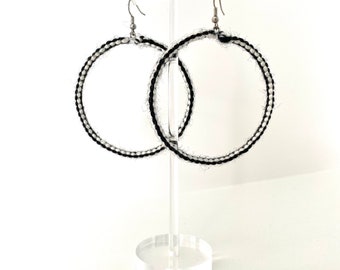 Macrame woolen earrings. Black and white hoop earrings. Black and white hoop earrings. Black hoop earrings. White hoop earrings. Gifts.