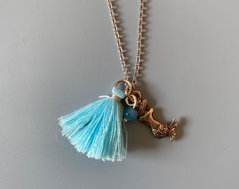 Silber Meerjungfrau Halskette: Glasperle & Blaue Quaste