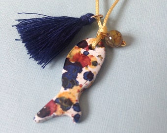 Multicoloured Ceramic Fish, Yellow Agate and Navy Blue Tassel Necklace
