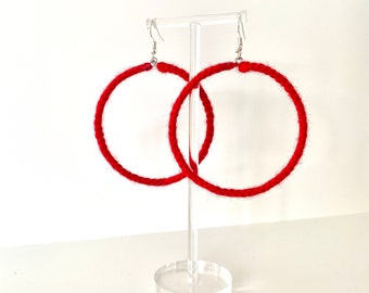 Macrame woolen earrings. Red hoop earrings. Red hoops. Red macrame earrings. Red woolen earrings. Gifts for friends. Gifts for mom. Gifts.