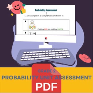 Può includere: Uno schermo di computer che mostra una valutazione di probabilità per la seconda elementare. La valutazione chiede: "Un esempio di un evento complementare è: Scegliere ROSSO o scegliere VERDE".