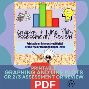 Puede incluir: PDF imprimible para una evaluación o revisión de gráficos y diagramas de líneas para estudiantes de segundo o tercer grado. El documento incluye un gráfico de barras, un diagrama de líneas y un personaje de bombilla.
