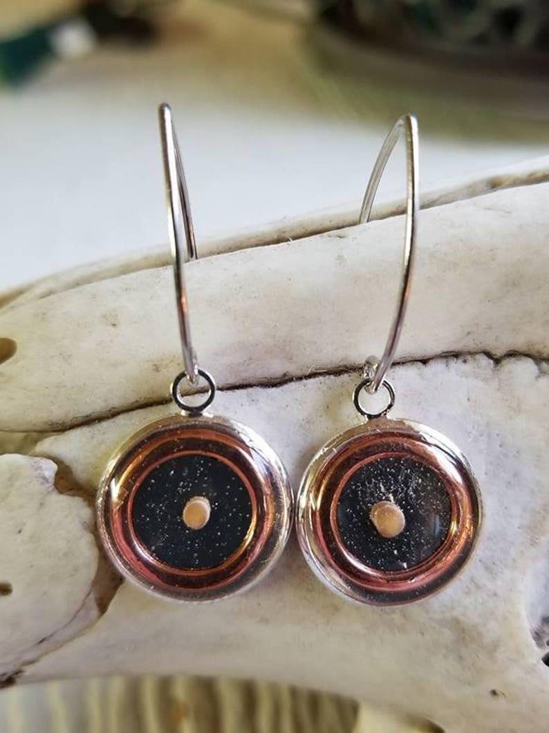 Mustard Seed Earrings, Copper Disc Dangle Angle Wire Earrings image 2