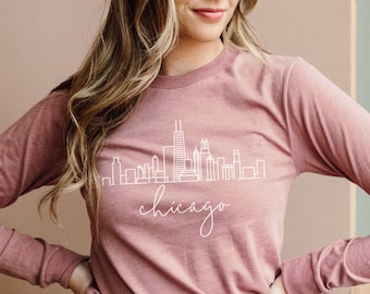 Chicago Skyline Long Sleeve Tshirt, Chicago Shirt, Chicago Souvenir Gift, Illinois, Soft Long Sleeve Tee