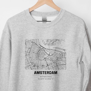 Moletom de Amsterdã, camiseta do mapa de Amsterdã, moletom da Holanda, camiseta da Holanda, lembrança do mapa de Amsterdã, suéter unissex com gola redonda