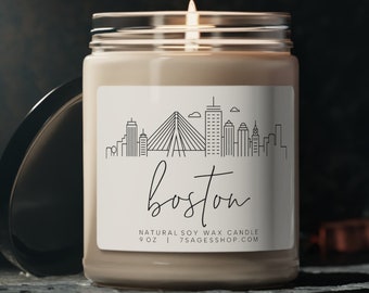 Vela de soja del horizonte de Boston, vela de soja vegana de mecha de algodón perfumada, regalo de Boston, recuerdo de Massachusetts, regalo en movimiento único, arte de la línea de la ciudad
