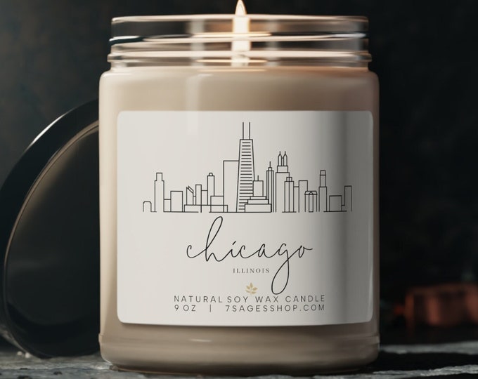 Chicago Skyline Soy Candle, 9 oz Vegan Soy Wax Candle, Chicago Souvenir, Chicago Illinois Gift, Chicago Housewarming
