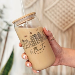 16oz Atlanta Water Mug, Water Bottle, Atlanta Skyline Glass with Lid or Without, Georgia Gift, Tempered Glass, Bamboo Lid, BPA Free, 16oz