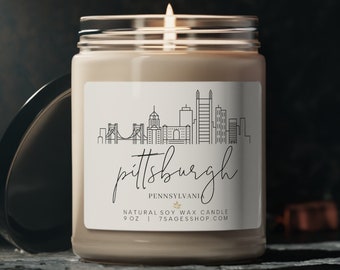 Vela de soja Pittsburgh Skyline, 9 oz, mecha de algodón, vela de cera de soja vegana, regalos de Pittsburgh Pennsylvania, inauguración de la casa de Pittsburgh