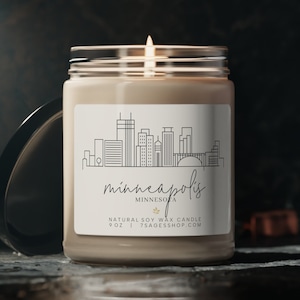 Candela di soia di Minneapolis, Candela di cera di soia vegana da 9 once, Minneapolis Souvenir Gift, Minnesota Skyline, Moving Gift, Cotton Wick, Minneapolis Gift