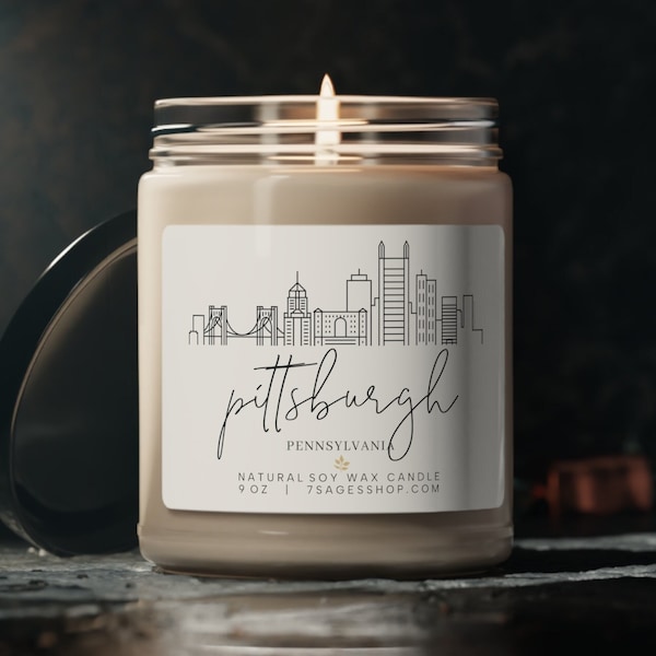 Pittsburgh Skyline Soy Candle, 9oz, Cotton Wick, Vegan Soy Wax Candle, Pittsburgh Pennsylvania Gifts, Pittsburgh Housewarming