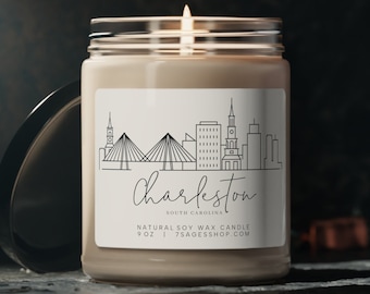 Bougie de soja Charleston Skyline, 9 oz, mèche de coton, bougie de cire de soja végétalienne, pendaison de crémaillère de Charleston, souvenir de Caroline du Sud, cadeau Charleston