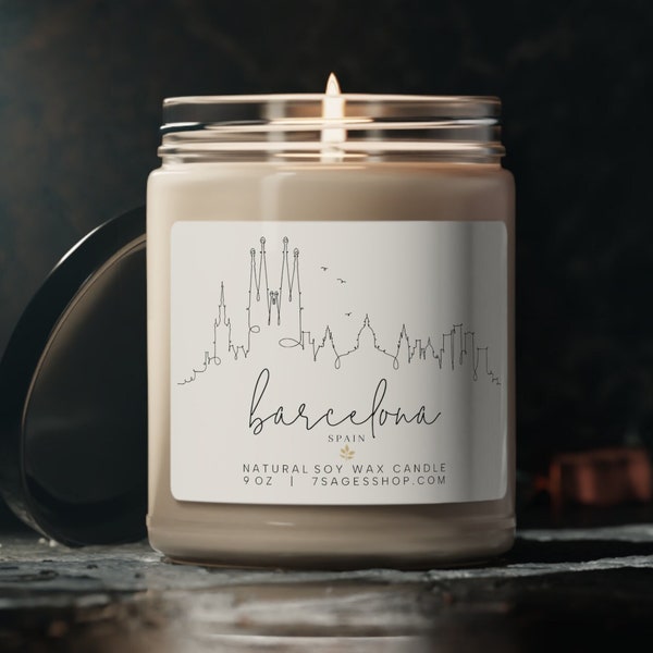 Barcelona Skyline Soy Candle, 9oz, Cotton Wick, Vegan Soy Wax Candle, Spain Gift, Barcelona Gifts, Spain Cityscape Souvenir