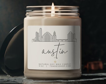 Austin Skyline Soy Candle, 9oz Scented Candle, Cotton Wick, Vegan Soy Wax, Austin Texas Souvenir Gift, Made with Natural Soy Wax, Texas Gift