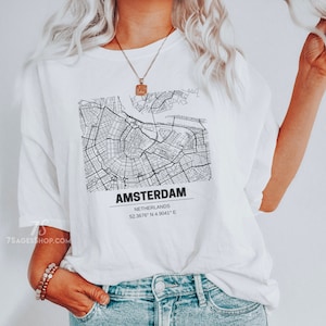 Camisa de Ámsterdam, Camisa de mapa de Ámsterdam, Coordenadas de Ámsterdam, Recuerdo de regalo de los Países Bajos, Camiseta unisex suave