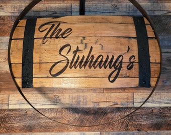 May include: A wooden barrel sign with black metal bands and a metal hook. The sign says "The Stubhaus's" in a cursive font.