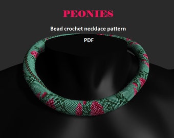 Peonies. Bead crochet rope pattern PDF pattern DIY beaded necklace bead crocheting Floral pattern real pink flowers green floral necklace