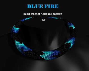 Blue Fire.  Bead crochet rope pattern, PDF pattern, beaded necklace, bead crocheting, blue black necklace, fantasy goth dragons fire