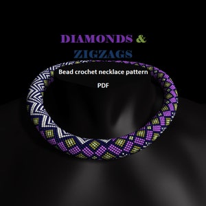 May include: A beaded crochet necklace pattern in PDF format. The necklace is made with purple, green, white, and blue beads in a diamond and zigzag pattern.