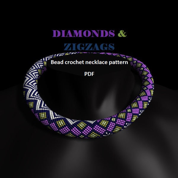 Diamonds & Zigzags. Bead crochet rope, PDF pattern, beaded necklace, bead crocheting, purple green necklace, unisex pattern, ornamental