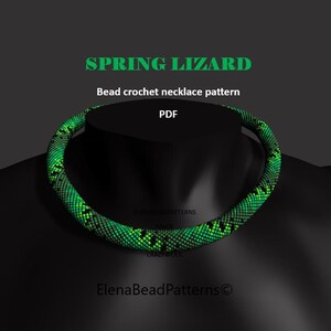 May include: A green and black beaded crochet necklace, displayed on a black mannequin. The text "SPRING LIZARD" and "Bead crochet necklace pattern PDF" are visible. The necklace has a repeating pattern.