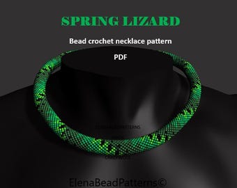 Spring Lizard. Bead crochet rope pattern, PDF pattern, DIY, beaded necklace, bead crocheting,green shades necklace, beadwork rope, unisex