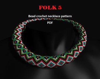 Folk 5. Bead crochet rope pattern, PDF pattern, beaded necklace, bead crocheting, black white red green turquoise, folk pattern, diamonds