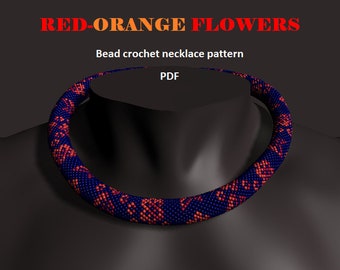Red-Orange Flowers. Bead crochet rope pattern, PDF pattern, DIY, beaded necklace, bead crocheting