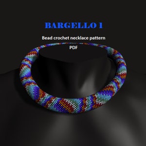 May include: A colorful beaded crochet necklace displayed on a black mannequin. The necklace features a Bargello pattern with blue, white, orange, and red beads. Text on the image reads "BARGELLO 1 Bead crochet necklace pattern PDF."