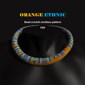 Orange Ethnic. Bead crochet rope pattern, PDF pattern, beaded necklace, bead crocheting, orange turquoise necklace, ethnic folk pattern