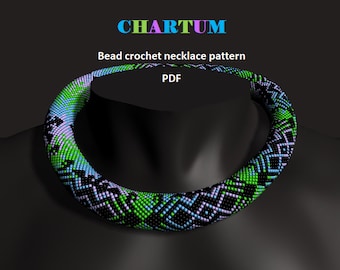 Chartum. Bead crochet rope pattern, PDF pattern, DIY, beaded necklace, bead crocheting, black ornament, gradient background, multicolour