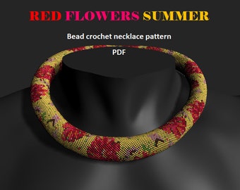 Red Flowers Summer. Bead crochet rope pattern PDF pattern DIY beaded necklace bead crocheting Floral pattern real red pink flowers