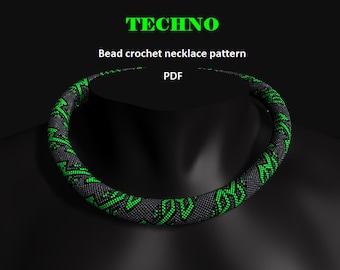 Techno. Bead crochet rope pattern, PDF pattern, DIY, beaded necklace, bead crocheting, gray green bead rope, mens necklace, unisex