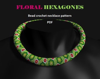 Floral Hexagones. Bead crochet rope pattern, PDF pattern, beaded necklace, bead crocheting, green necklace, ornamental pattern, hexagones