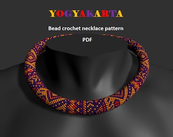 Yogyakarta. Bead crochet rope pattern, PDF pattern, beaded necklace, bead crocheting, purple orange red, ornamental pattern