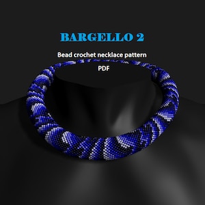May include: A blue and white beaded necklace with a Bargello 2 pattern. Bead crochet necklace pattern PDF.