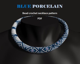 Blue Porcelain. Bead crochet rope pattern, PDF pattern, beaded necklace, bead crocheting, blue denim, ornamental pattern, diamonds