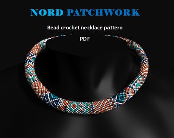 Nord Patchwork. Bead crochet rope pattern, PDF pattern, DIY, beaded necklace, bead crocheting, blue orange white neckleca, beaded rope