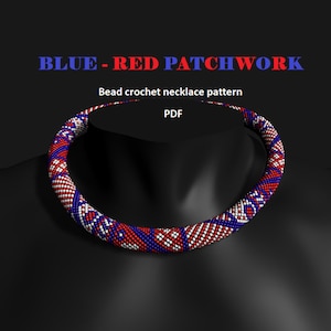 Blue-red Patchwork. Bead crochet rope pattern, PDF pattern, DIY, beaded necklace, bead crocheting