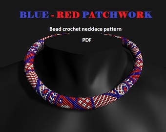 Blue-red Patchwork. Bead crochet rope pattern, PDF pattern, DIY, beaded necklace, bead crocheting
